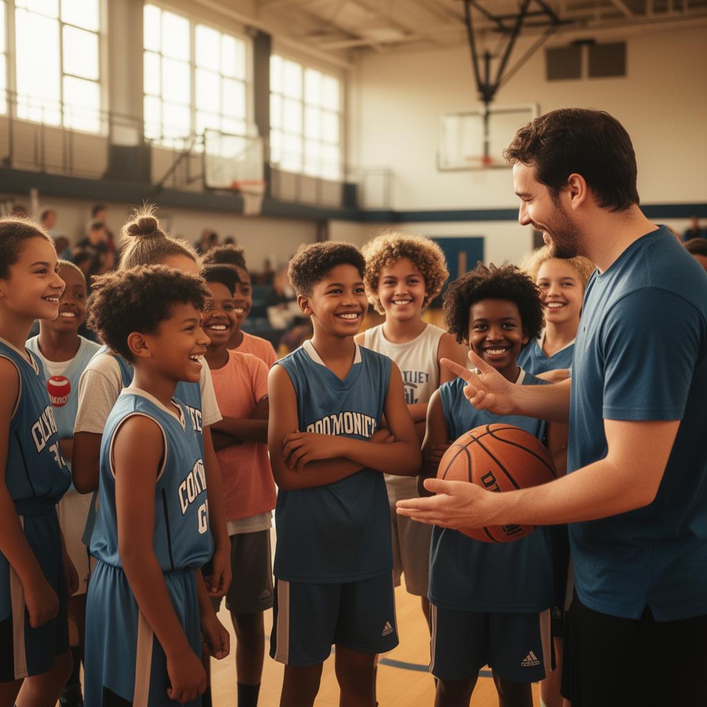 Coach teaching youth at community basketball camp