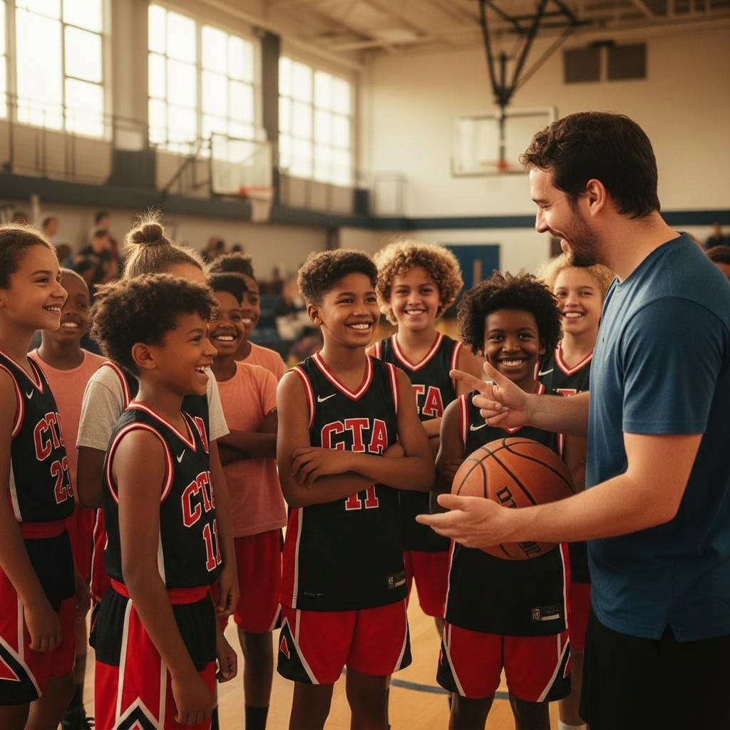 Coach teaching youth at community basketball camp